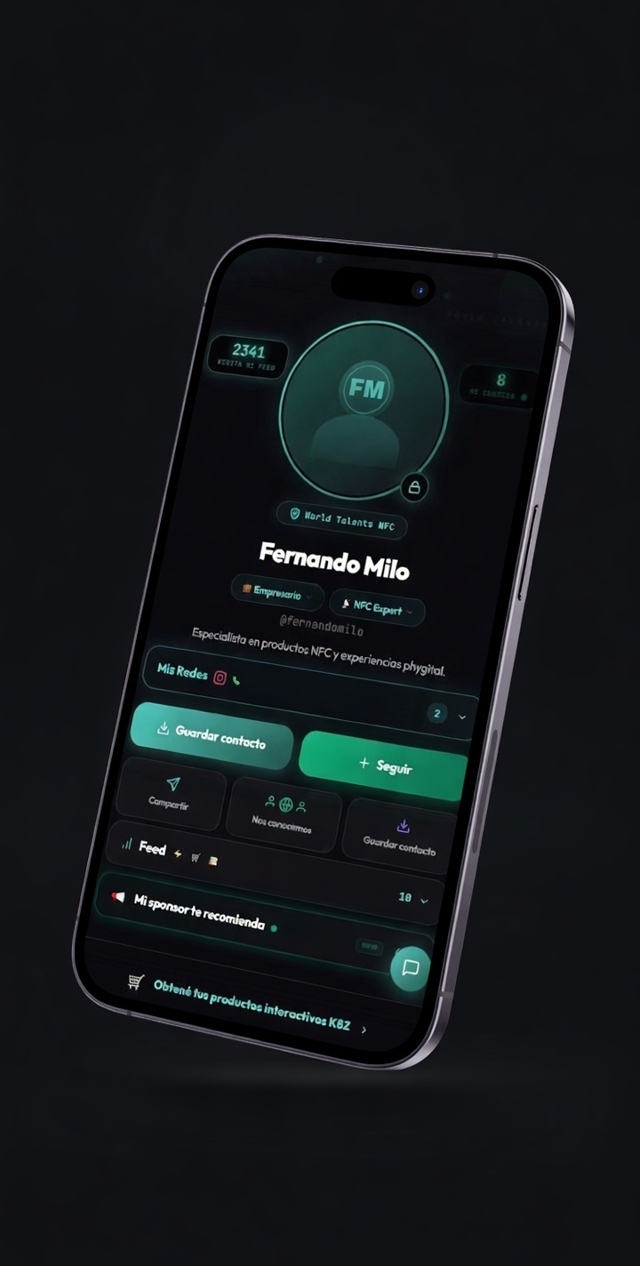 iPhone mostrando perfil digital World Talents NFC de Fernando Milo